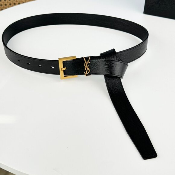 YSL Black Leather Slimline Belt with Gold Tone Buckle - Picture 1 of 5